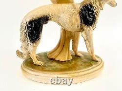 Vintage Art Deco Ceramic Statue 20 Posh Hat Lady Figure with Borzois Dog