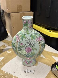 Vintage Art Deco Chinese Porcelain Vase Green With Birds And Flowers