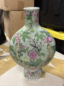 Vintage Art Deco Chinese Porcelain Vase Green With Birds And Flowers