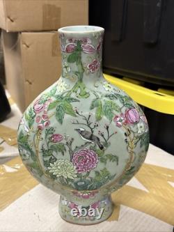 Vintage Art Deco Chinese Porcelain Vase Green With Birds And Flowers