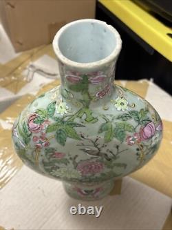 Vintage Art Deco Chinese Porcelain Vase Green With Birds And Flowers