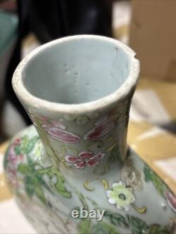 Vintage Art Deco Chinese Porcelain Vase Green With Birds And Flowers
