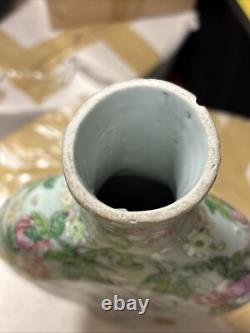 Vintage Art Deco Chinese Porcelain Vase Green With Birds And Flowers