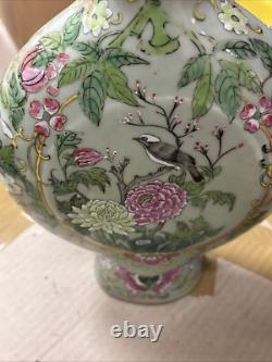 Vintage Art Deco Chinese Porcelain Vase Green With Birds And Flowers