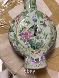 Vintage Art Deco Chinese Porcelain Vase Green With Birds And Flowers