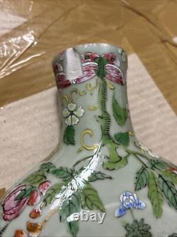 Vintage Art Deco Chinese Porcelain Vase Green With Birds And Flowers