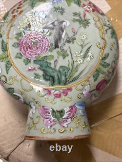 Vintage Art Deco Chinese Porcelain Vase Green With Birds And Flowers