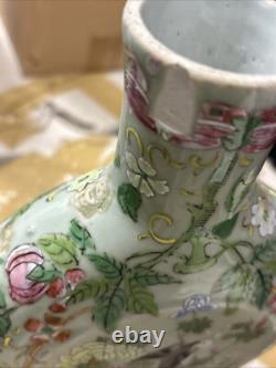 Vintage Art Deco Chinese Porcelain Vase Green With Birds And Flowers