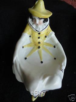 Vintage Art Deco Lady Harlequin Porcelain Signed Pin Trinket Tray Dish