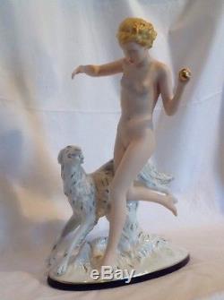 Vintage Art Deco Large ROYAL DUX Nude Woman with Borzoi Porcelain Figurine 14T