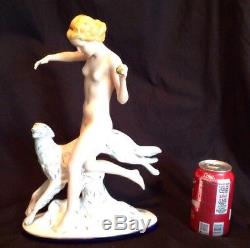 Vintage Art Deco Large ROYAL DUX Nude Woman with Borzoi Porcelain Figurine 14T