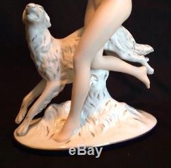 Vintage Art Deco Large ROYAL DUX Nude Woman with Borzoi Porcelain Figurine 14T