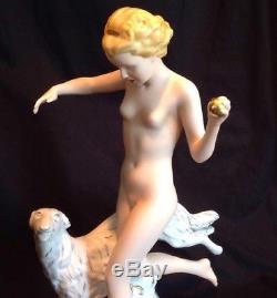 Vintage Art Deco Large ROYAL DUX Nude Woman with Borzoi Porcelain Figurine 14T