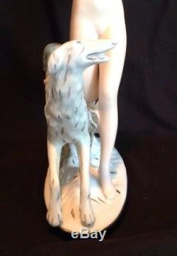 Vintage Art Deco Large ROYAL DUX Nude Woman with Borzoi Porcelain Figurine 14T