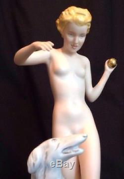 Vintage Art Deco Large ROYAL DUX Nude Woman with Borzoi Porcelain Figurine 14T