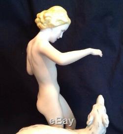 Vintage Art Deco Large ROYAL DUX Nude Woman with Borzoi Porcelain Figurine 14T