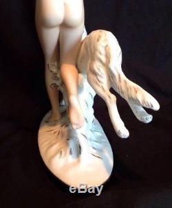 Vintage Art Deco Large ROYAL DUX Nude Woman with Borzoi Porcelain Figurine 14T