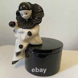 Vintage Art Deco Mime Porcelain Bowl Lid Black White Clown Figurine