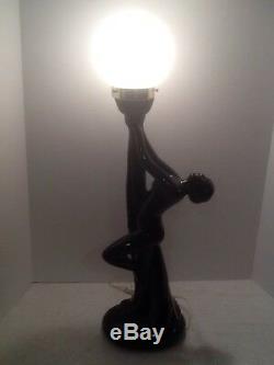 Vintage Art Deco Nouveau 27 Nude Lady Ceramic Black Holding Globe Table Lamp