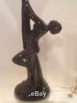 Vintage Art Deco Nouveau 27 Nude Lady Ceramic Black Holding Globe Table Lamp