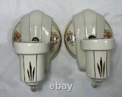 Vintage Art Deco Pair Ceramic Porcelain Bathroom Floral Wall Sconce Lights