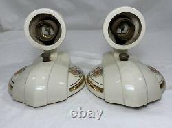 Vintage Art Deco Pair Ceramic Porcelain Bathroom Floral Wall Sconce Lights