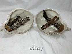 Vintage Art Deco Pair Ceramic Porcelain Bathroom Floral Wall Sconce Lights