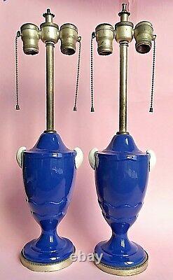 Vintage Art Deco Pair Table Lamps Porcelain Urn Cobalt Blue Sliver White Shell