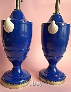 Vintage Art Deco Pair Table Lamps Porcelain Urn Cobalt Blue Sliver White Shell