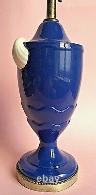 Vintage Art Deco Pair Table Lamps Porcelain Urn Cobalt Blue Sliver White Shell