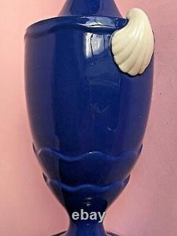 Vintage Art Deco Pair Table Lamps Porcelain Urn Cobalt Blue Sliver White Shell