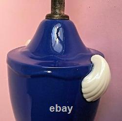 Vintage Art Deco Pair Table Lamps Porcelain Urn Cobalt Blue Sliver White Shell