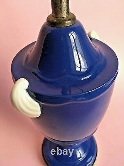 Vintage Art Deco Pair Table Lamps Porcelain Urn Cobalt Blue Sliver White Shell