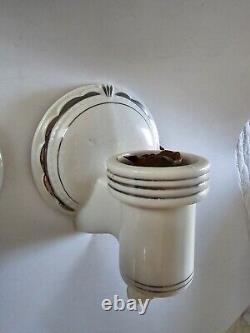 Vintage Art Deco Porcelain Bathroom Sconces White Silver Pin Stripe Trim Set