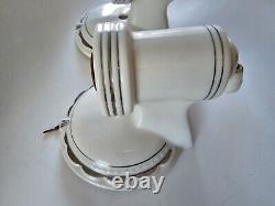 Vintage Art Deco Porcelain Bathroom Sconces White Silver Pin Stripe Trim Set