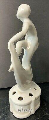 Vintage Art Deco Pottery White Porcelain Nude Dancing Woman Flower Frog 7 Tall