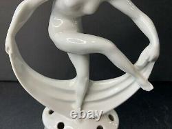 Vintage Art Deco Pottery White Porcelain Nude Dancing Woman Flower Frog 7 Tall