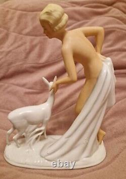 Vintage Art Deco Wallendorf Nude Naked Woman With Deer Porcelain Figurine