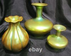 Vintage Art Deco Zsolnay Pottery Iridescent Green 3 Vases Hungary STUNNING