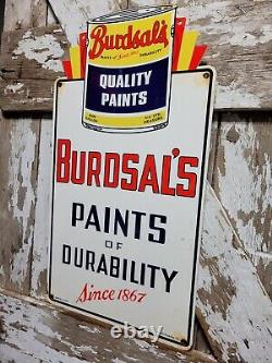 Vintage Burdsals Paints Porcelain Sign 1953 Art Deco Empire Dbl Sided Hardware