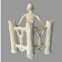 Vintage Figural Art Nouveau Deco 6.5 Art Pottery Porcelain Triple Bud Vase