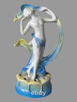 Vintage Figural Art Nouveau Deco German 8.25 Art Pottery Porcelain Flower Frog