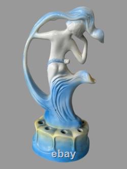 Vintage Figural Art Nouveau Deco German 8.25 Art Pottery Porcelain Flower Frog