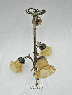 Vintage French rope brass 3 arm art deco glass amber shade chandelier lamp