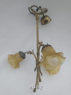 Vintage French rope brass 3 arm art deco glass amber shade chandelier lamp