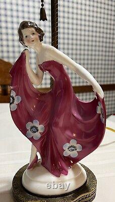 Vintage German Katzhutte Art Deco Figural Porcelain Lady In Dress Lamp
