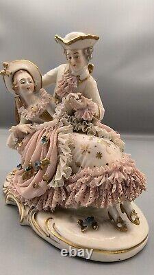 Vintage German Volkstedt Franz Witter Porcelain Lace Figurine Couple W Lute 8