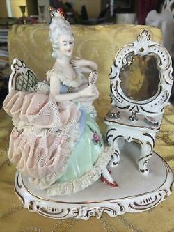 Vintage German large Porcelain Lady with Mirror in hand 24 kt gold lace work