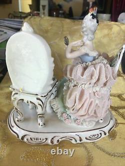 Vintage German large Porcelain Lady with Mirror in hand 24 kt gold lace work