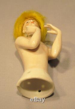 Vintage Germany Porcelain Lady with Blonde Wig Art Deco Half Doll Pin Cushion